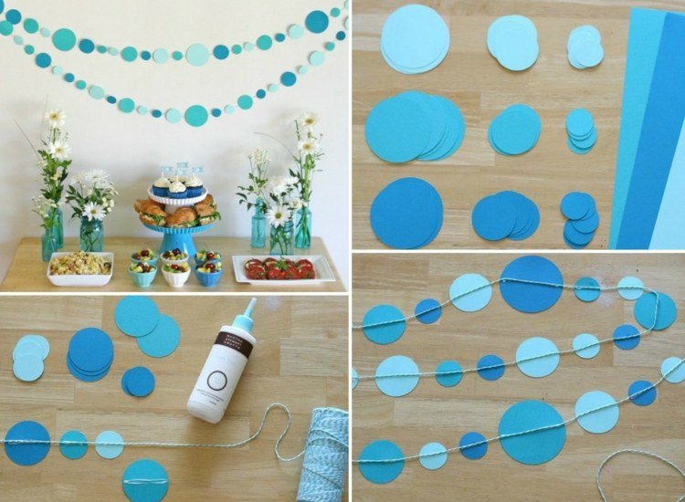 Na večierku ozdobte papierovými kruhmi nápady na výzdobu večierkov, aby ste si urobili návod-girlanda-modré-bodky-jednoduché