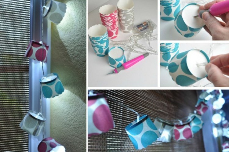 Večierkové rozprávkové svetlá s papierovými pohármi ako tienidlo párty-dekorácie-nápady-urob si sám-svetelné reťaze-veniec-papier-pohár-bodky-maľovanie-osvetlenie