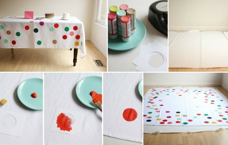 Nápady na párty dekoráciu urobte si sami-navrhnite obrus s bodkovaným vzorom párty-dekorácia-nápady-urob si sám-biely-obrus-farba-farebné-bodky-farba