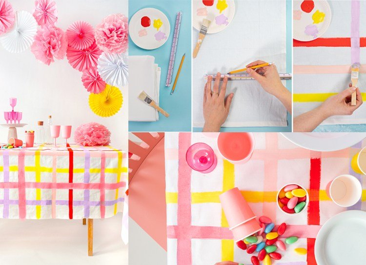 Maľovanie dekorácie na stôl na obrus na párty akrylovými farbami