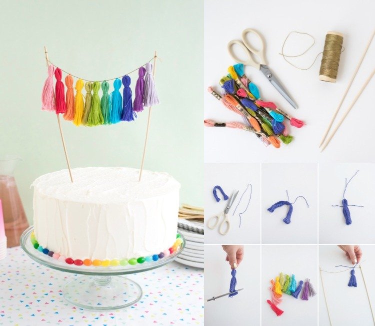 Ozdoby na tortu si sami urobte nápad na girlandu vyrobenú zo šijacích nití