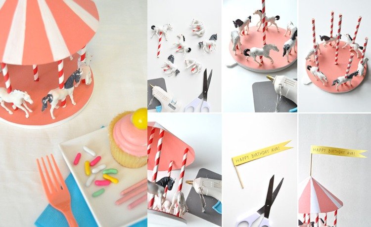 Dekorácie na stôl pre párty pre deti vyrábajú konské kolotoče zo stojanov na koláče a slamiek