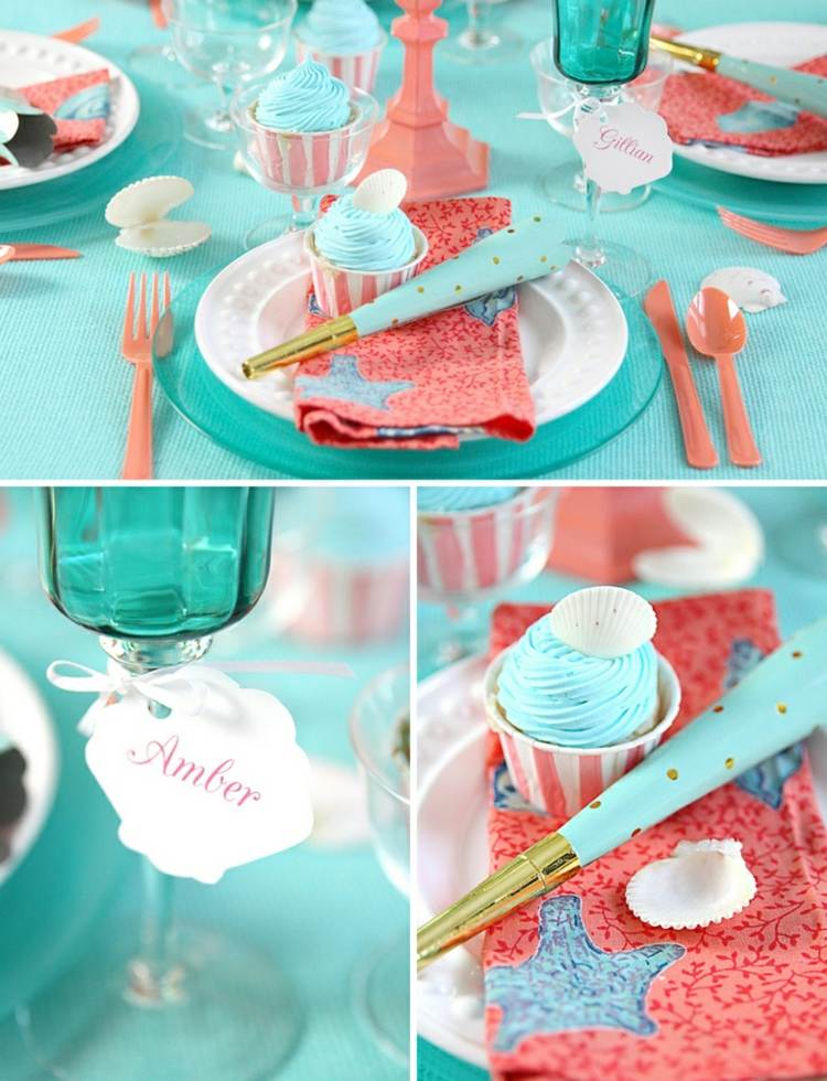 Námorná párty dekorácia v svetlo modrej a koralovej farbe s menovkami párty dekorácie na letný festival svetlomodrý koralový štítok na sklo serviette plážová téma