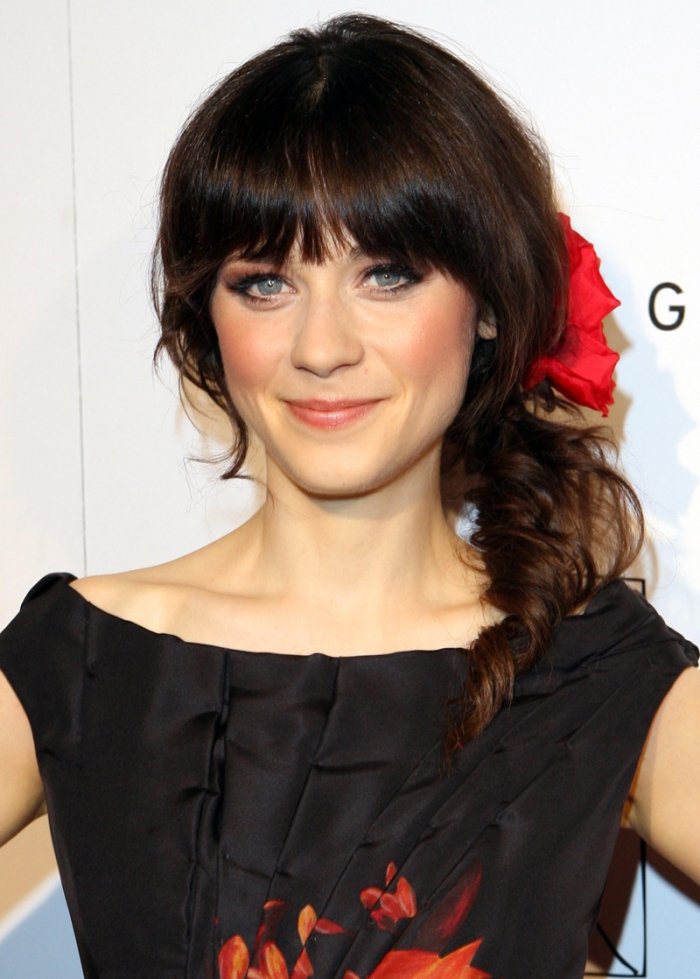 Ležérne skrútené vlasy položené cez rameno-poník-Zooey Deschanel Styling stočené vlasy-cez jedno rameno-hnedé ofiny-Zooey-Deschanel