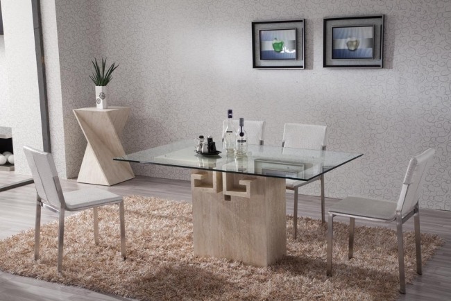 nábytok do jedálne jedálenský stôl základňa zo svetlého dreva sklenená doska