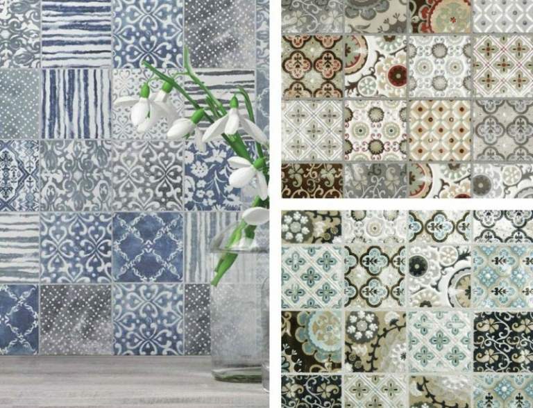 Patchworkové dlaždice sú k dispozícii v červenej, modrej a zelenej farbe patchworkové dlaždice ako farba zadnej steny kuchyne modrá zelená červená umelecká dlažba