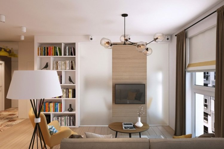 Kuchyňa s mozaikovými dlaždicami oddelená od obývačky posuvnými dverami patchworkové dlaždice stena s posuvným matným sklom-tv