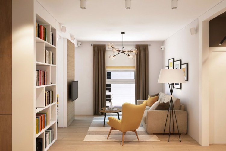 Patchwork upokojujúcich farieb patchwork-dlažba-obývačka-polička-kreslo-žltý-akcent