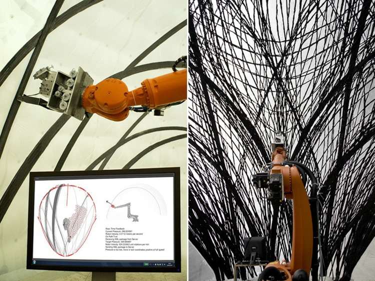 Karbónový rám počas výroby konštrukcia ramena pavilónu z uhlíkového robota