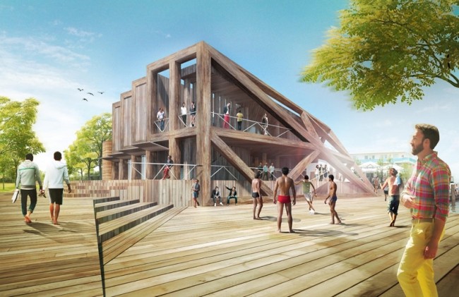 bočný pohľad na dizajnový drevený altánok od hwkn