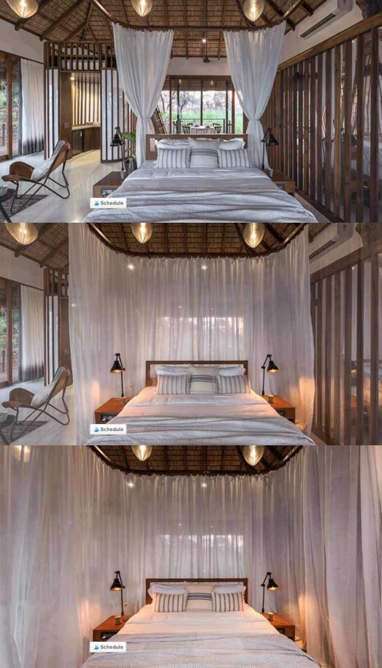 altánok-došková strecha-spálňa-posteľ-závesy-posteľ s baldachýnom