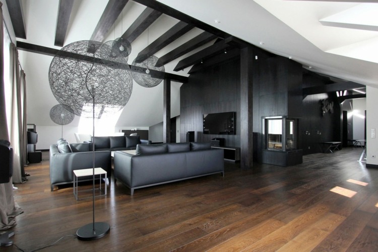 Penthouse Design - V obývacej izbe je veľký luxusný kožený gauč kožený gauč dizajn obývačky penthouse bar čierny