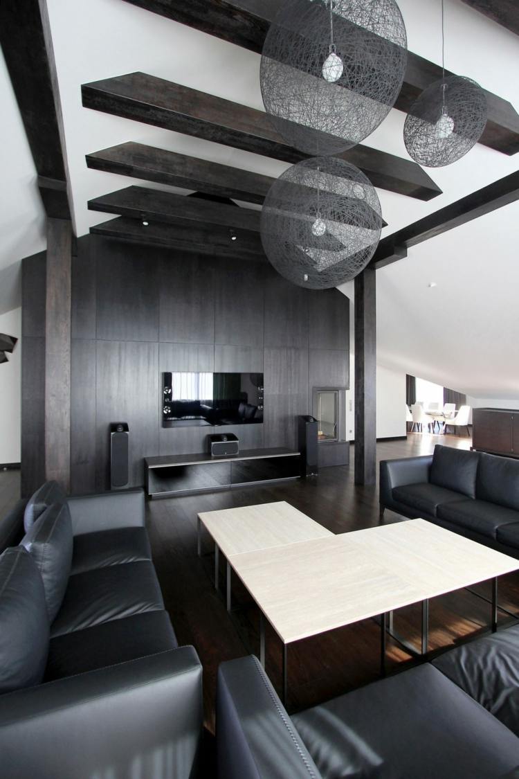 Penthouse Design je tvorený farbami čiernej, bielej a hnedej konferenčný stolík biely obývací priestor myšlienka dizajnu obývačky monochromatický