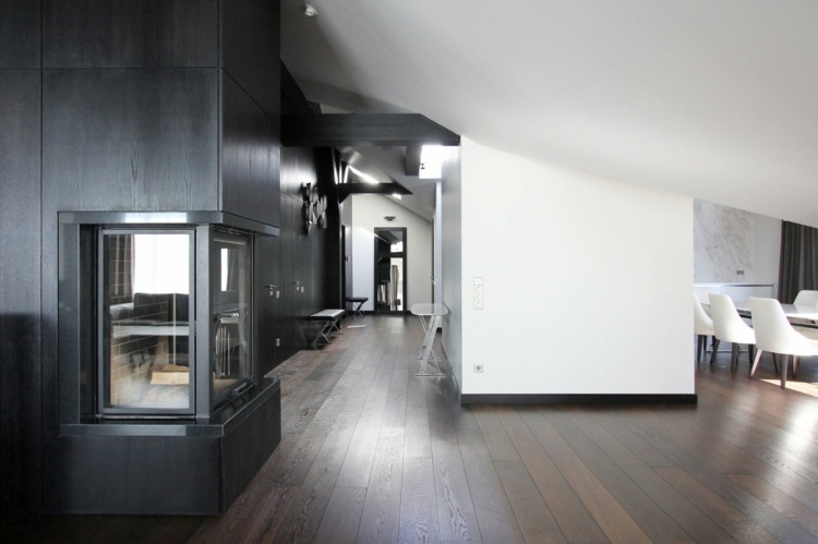Penthouse Design - V obývacej izbe je tiež krb minimalistický dekor štýl penthouse dizajnový krb tmavé drevo