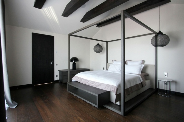 Penthouse spálňa v jednoduchom, minimalistickom štýle nápad na dizajn postele penthouse spálňa nočný stolík trámy