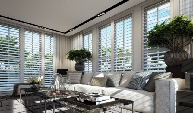 Navrhnite a zariaďte si obývačku vlastnou štýlovou dekoráciou s kvetmi Posedenie-čalúnená pohovka-gaučové vankúše-kvetináče-rolety-3d-dizajn-vizualizácia