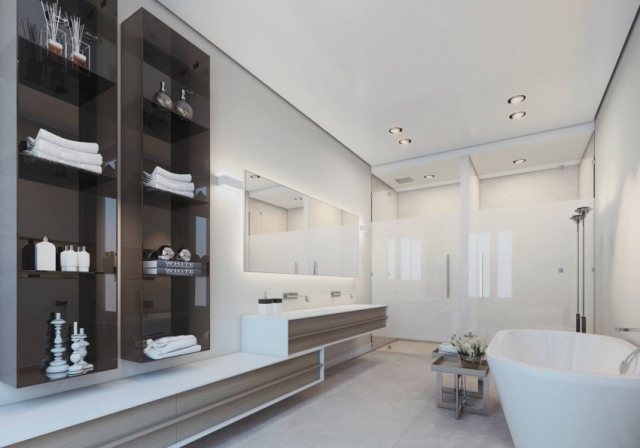 Farebné kontrasty v kúpeľni-minimalistický nárok-jednoduchý dizajn nábytku Stôl-umývadlo-stropný-umývadlo-úložný priestor-drevené čela