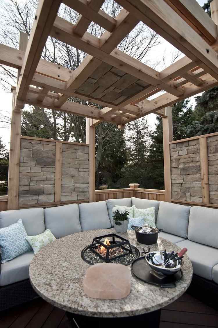 konferenčný stolík pergola-stavať-drevo-prírodný-kameň-prvky-okrúhly