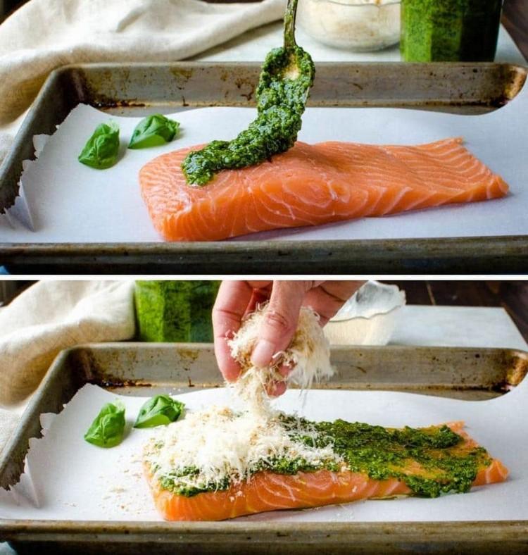 Lososa ochutíme pestom a posypeme parmezánom a strúhankou