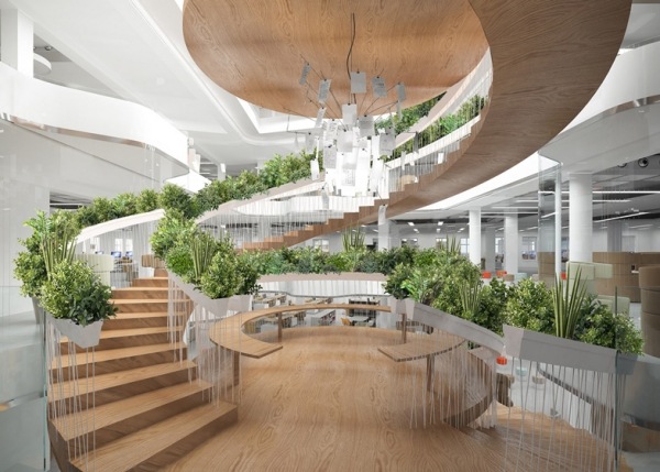 dizajnové schody drevené lavice sedadlá interiérový dizajn kancelárie schody koncept kancelárska budova lavica Paul Cocksedge