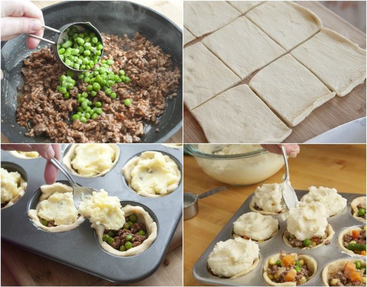 Zorganizujte britský piknik - Mini Shepherds Pie v muffinovej forme Recepty na piknik Mini-pastieri z koláča a lístkového cesta s britsko-anglickou tematikou