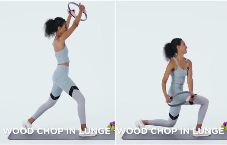 cvičenia s krúžkom pilates v stoji - zadok brucha na nohách