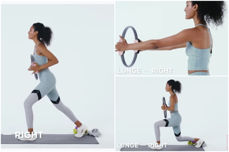 pilates ring cvičí brušné nohy zadok výpady dozadu