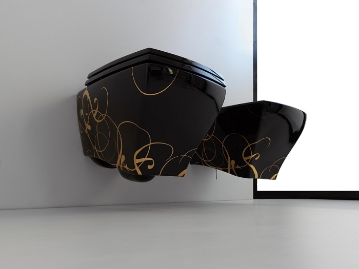 Vybavenie šetriace priestor v kúpeľni-džezovo čierna sanita-dekoratívne zdobené Džez-neobvyklá-kolekcia-kúpeľňa-sanita-toaleta-čierna-trendy-vzory