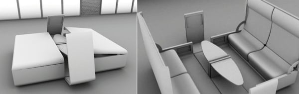 Priestorovo úsporný dizajn nábytku, obývací priestor je možné vyklopiť Priestorovo úsporný obývací priestor s nábytkom je možné sklopiť