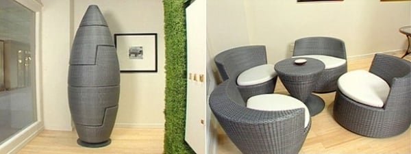 Ratanový nábytkový priestor šetriaci priestor na terase Ratanový nábytok, záhradný nábytok, nápad na úsporu miesta