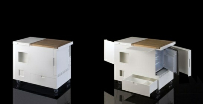 Mini kuchynský ostrovček Boffi moderný dizajn police chladničky v modernom dizajne