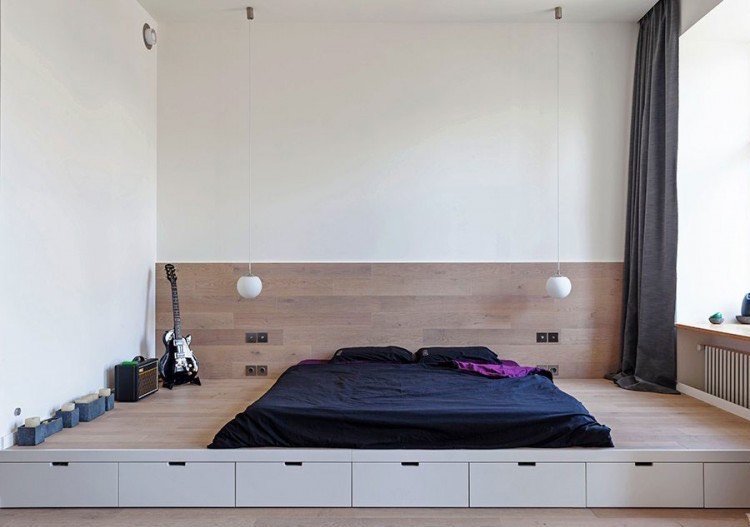 tenký futonový matrac pre platformovú posteľ Postavte pódium-posteľ-futon-zásuvky-drevo-biele