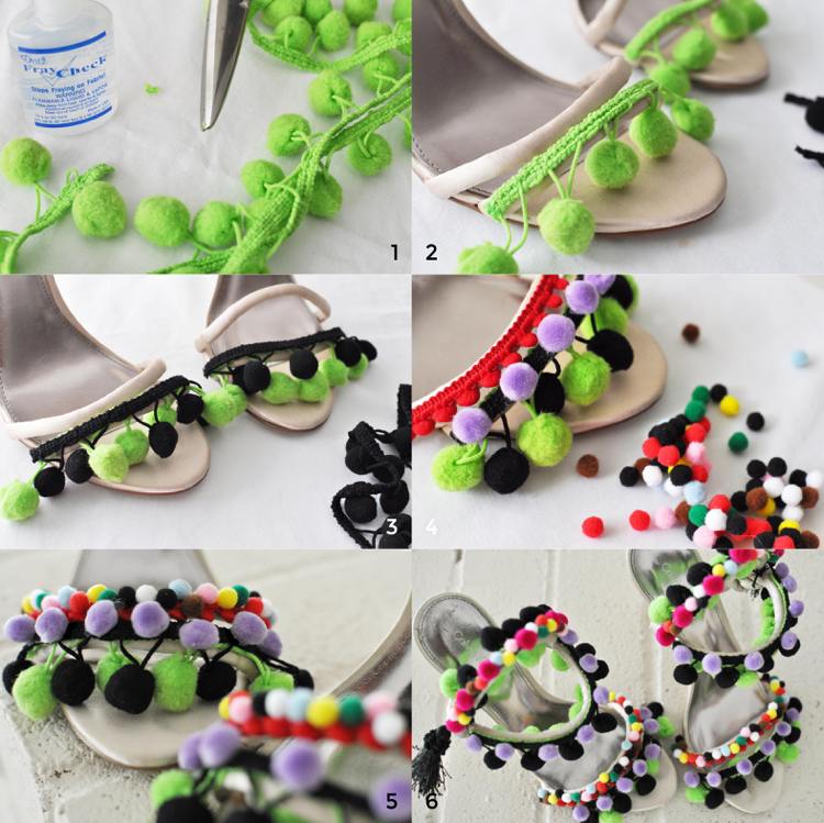upevnite dekoratívne prvky priehľadným lepidlom pom-pom-topánky-leto-trend-návod-zdobenie vysokých opätkov