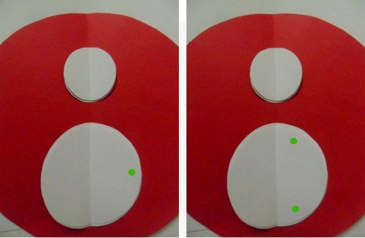 Na zelené bodky naneste lepidlo vianočný pozdrav-dizajn-pop-up-snehuliak-návod