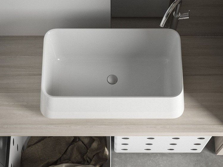 Umývadlo s obdĺžnikovým umývadlom na dosku Skrinky pre technickú miestnosť pultový pult-umývadlo-hranatý-úložný priestor-policový kôš