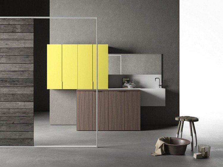 Technická miestnosť s dizajnovými skriňami a sklenenou zástenou Skrine pre základňu technickej miestnosti skriňa-nástenná skriňa-žltá-obrazovka-sklenená taburetka