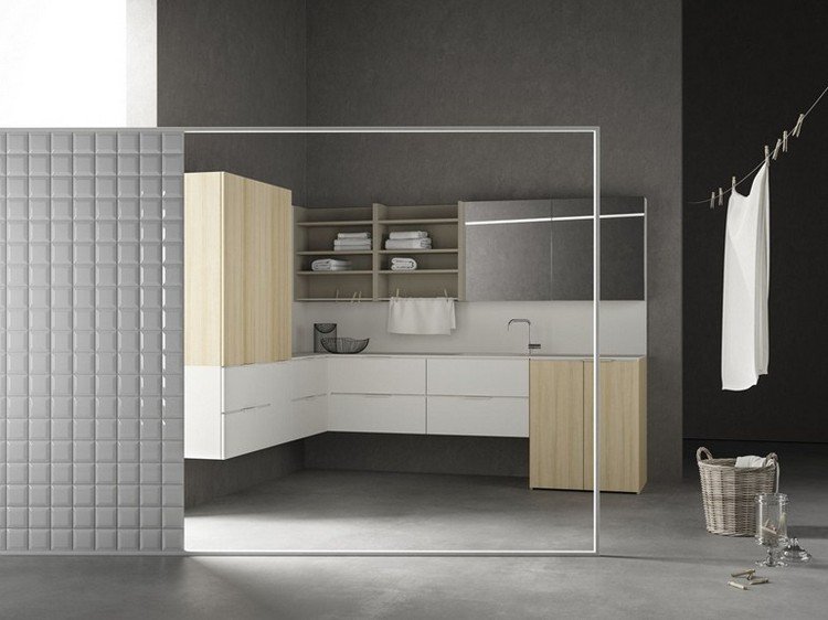 Práčovňa s bielizňou a dizajnovými skrinkami Technická miestnosť-skrine-zásuvky-zrkadlová skrinka-šnúra na bielizeň-kôš na bielizeň