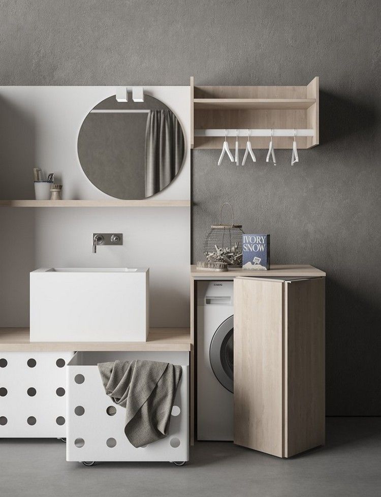 Technická miestnosť so stojanom na oblečenie nad práčkou technická miestnosť-moderné-skrine-pultová-umývadlo-zrkadlo-okrúhle-skrinka na práčku