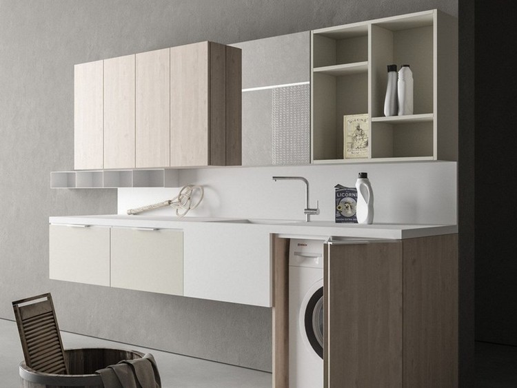 Práčka je ukrytá v skrini technická miestnosť-skrine-bezúchytková-pracovná doska-drez-práčka-skrytá