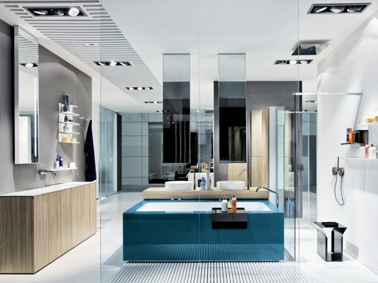 Skombinujte kúpeľňový nábytok - vaňu, sprchovací kút a umývadlo Kombinácia vaňa-umývadlo-sprcha-kombinácia modrá-vysoký lesk-svetlo-drevo