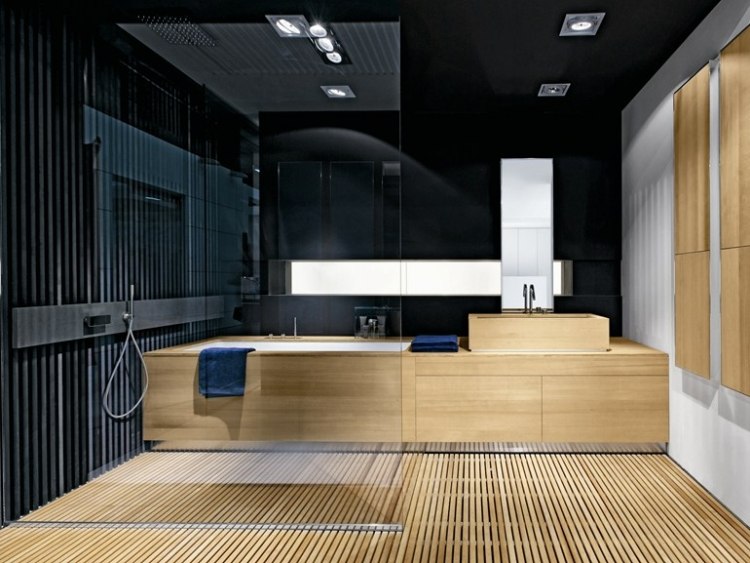 Zostava umývadla do vane a dreva so sklenenou sprchovou zónou Vaňové umývadlo-sprchové systémy drevo-čelné02