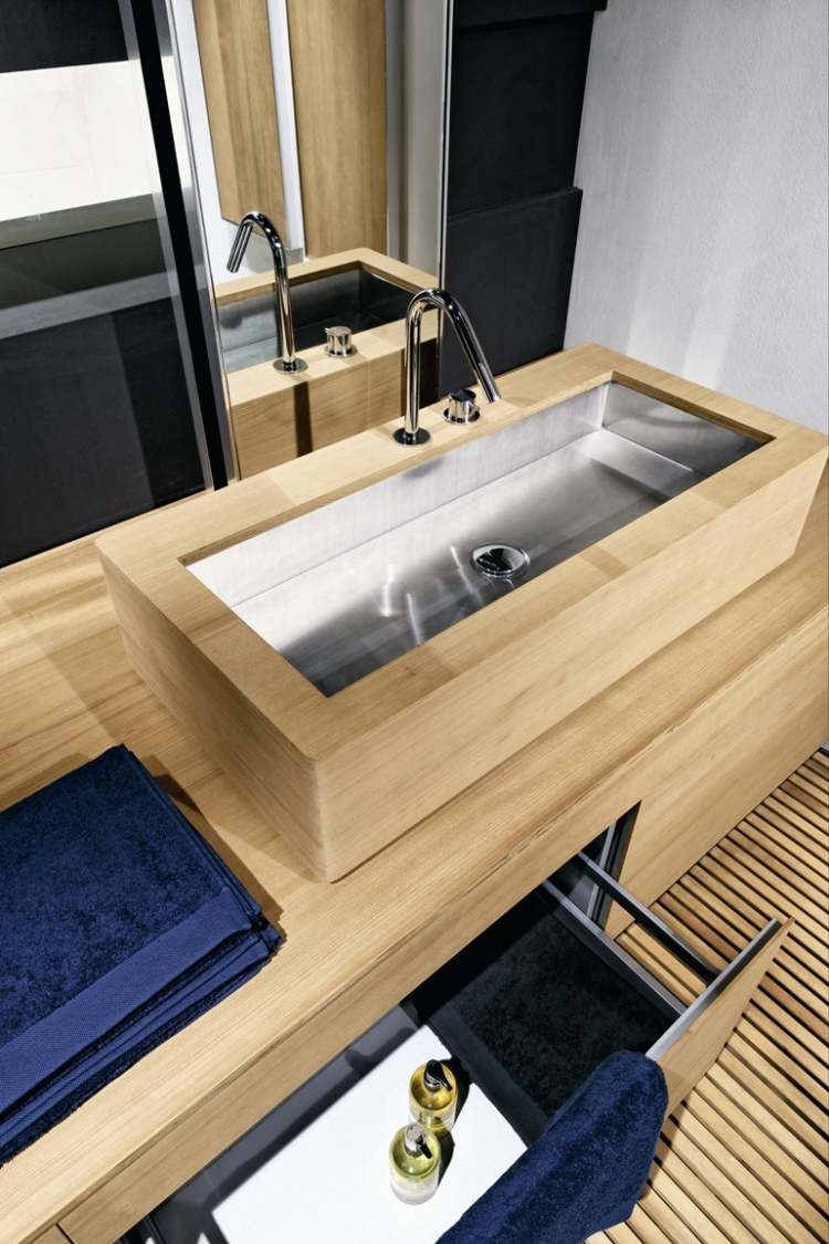 obdĺžnikové umývadlo na dosku vyrobené z dreva a ocele drevené-obdĺžnikové-drez-úložné-zásuvky