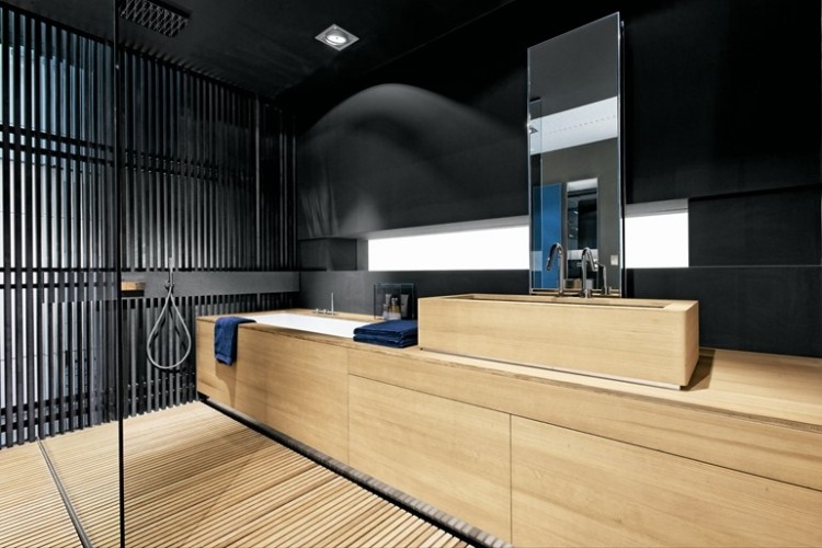 Systém kúpeľňového nábytku Macros v drevenom vzhľade Vaňa-umývadlo-sprchovací systém makrá-drevená optika