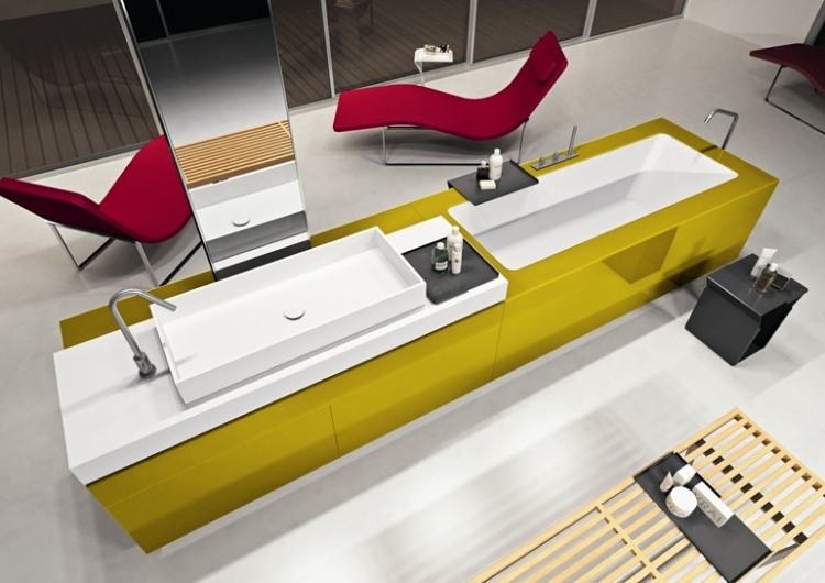 Systém umývadla do vane vyrobený z Corianu lakovaný vo vysokom lesku vaňa-umývadlo-kombinácia-okrová-žltá-corian