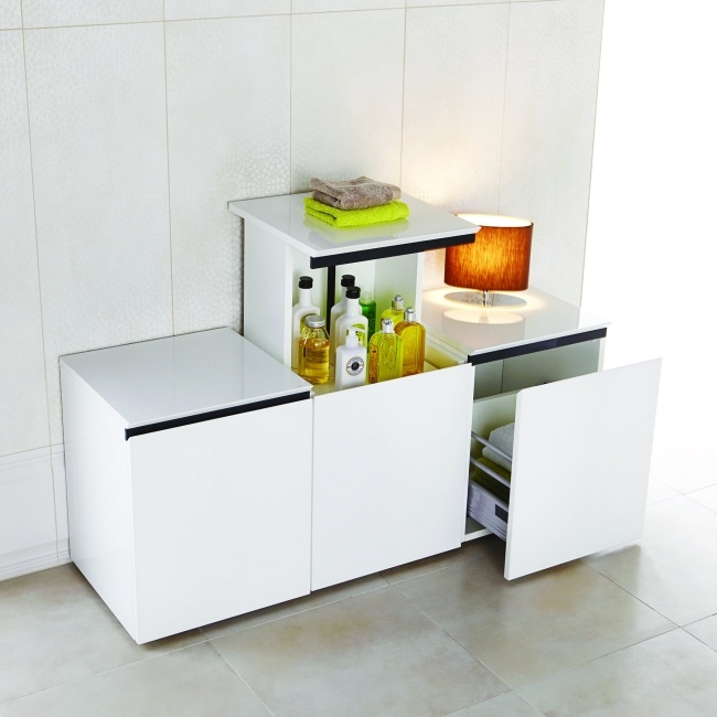 Zariadenie kúpeľne-modulárny dizajn nábytku, biely, geometricky číry skrinkový systém