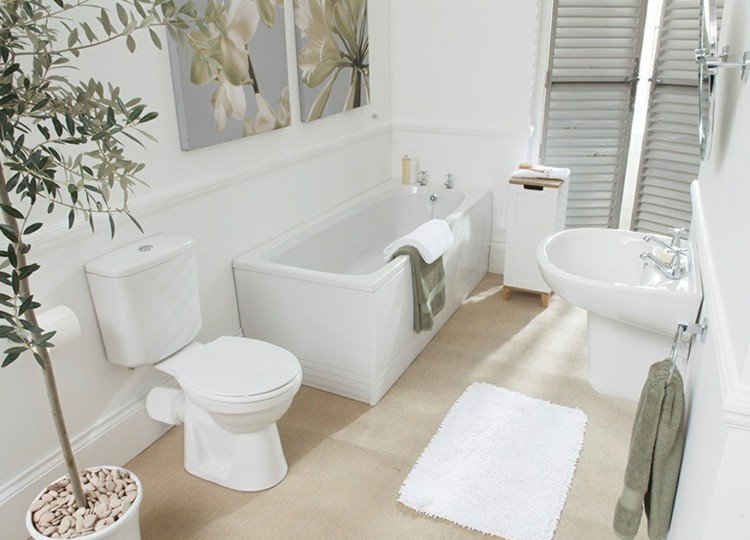 Vložte rastlinu do kúpeľne a ozdobte ju nástennými maľbami kúpeľňové nápady-neutrálne-farby-rastlina-olivové akcenty