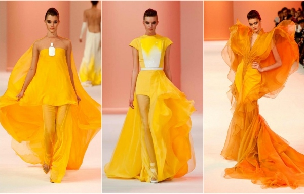 Tri nápady na večerné šaty v oranžovej a žltej farbe elegantné večerné šaty-koláž-móda-2014