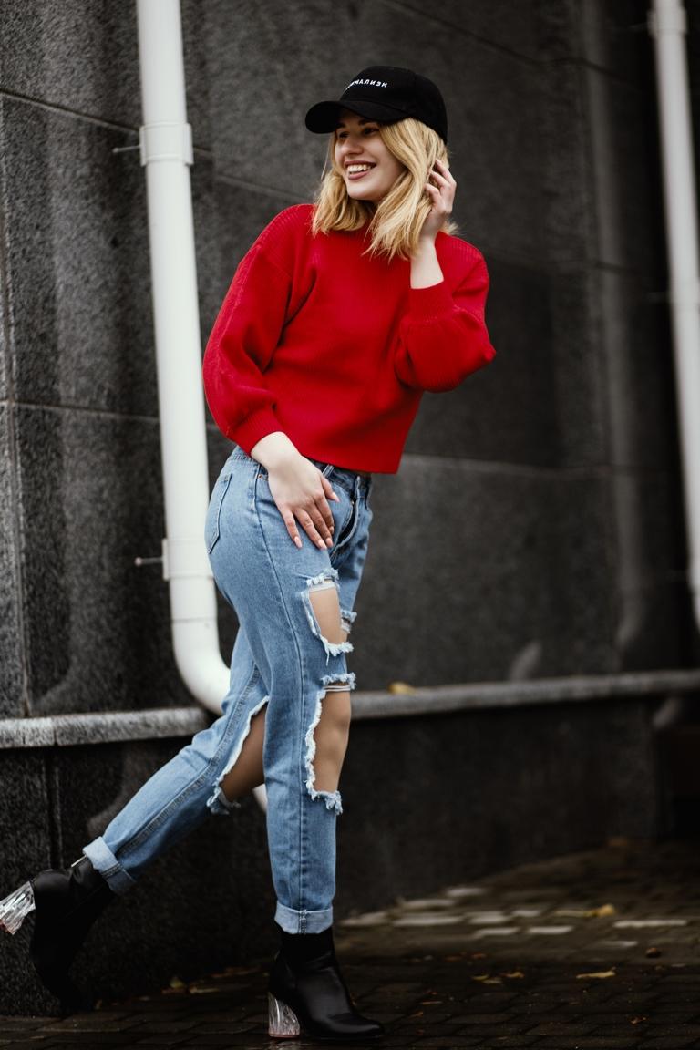 Mikina Puff rukávy Kombinovať Boyfriend rifle Členkové topánky Vysoké podpätky Zima