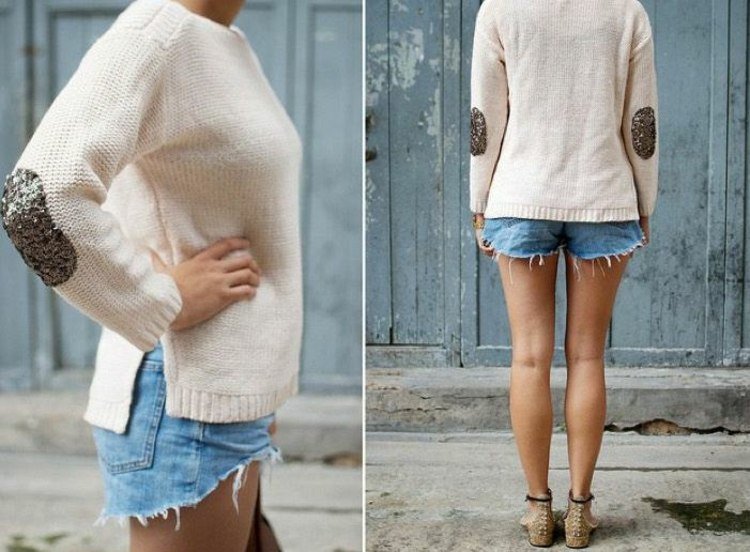 Sveter s lesklými nášivkami na mašli na ruke Sveter-ozdoba-koža-nášivka-paže-mašľa-šiť