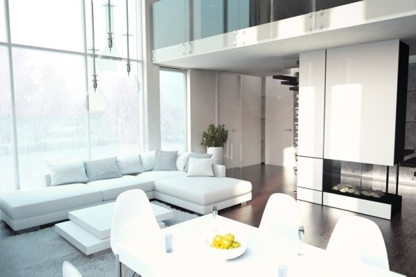 biela obývačka drevená podlaha sivý koberec krb jedálenský kút